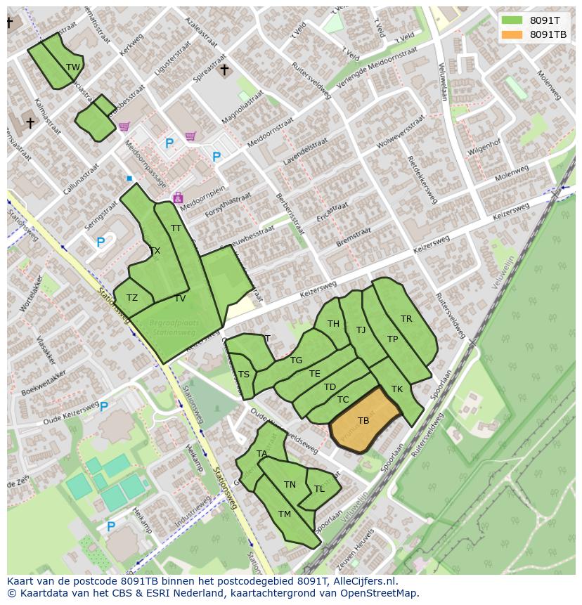 Afbeelding van het postcodegebied 8091 TB op de kaart.