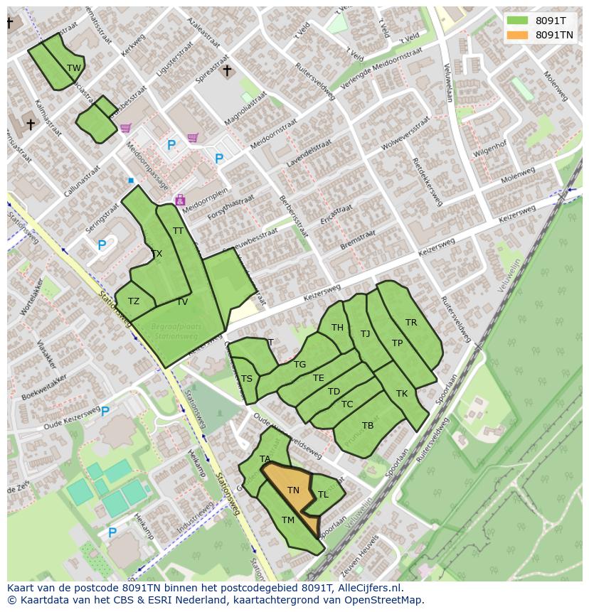 Afbeelding van het postcodegebied 8091 TN op de kaart.