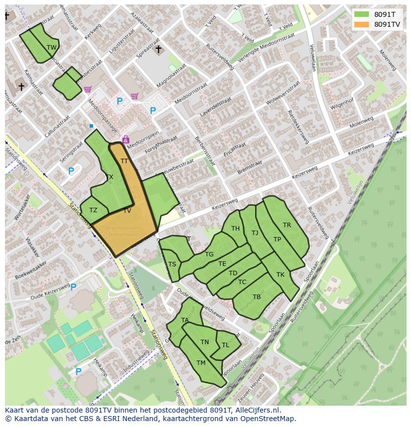 Afbeelding van het postcodegebied 8091 TV op de kaart.