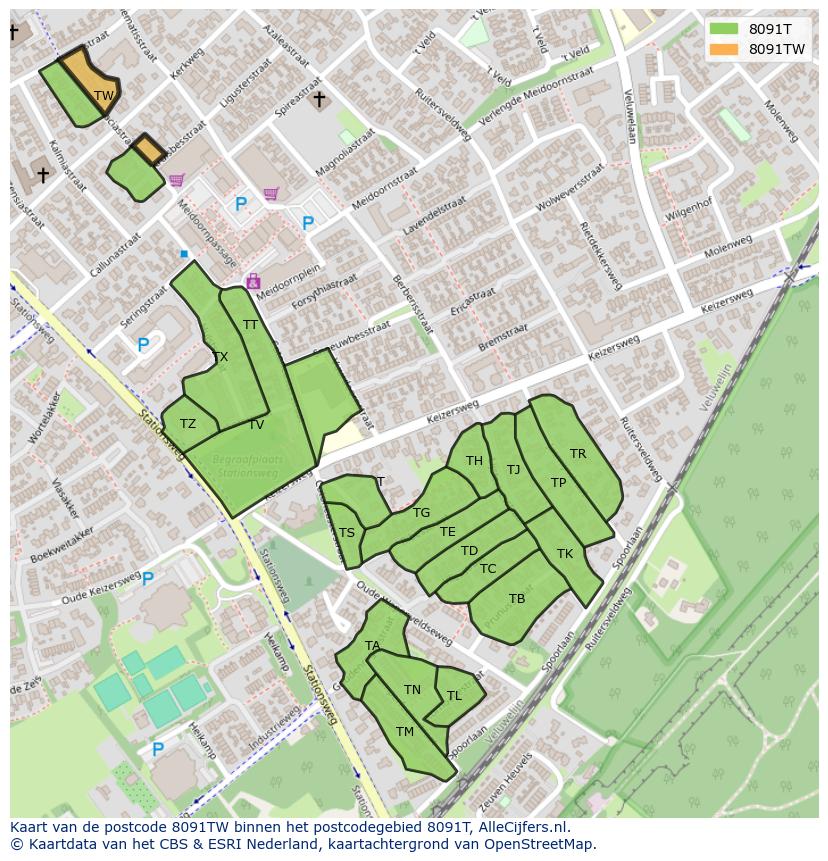 Afbeelding van het postcodegebied 8091 TW op de kaart.