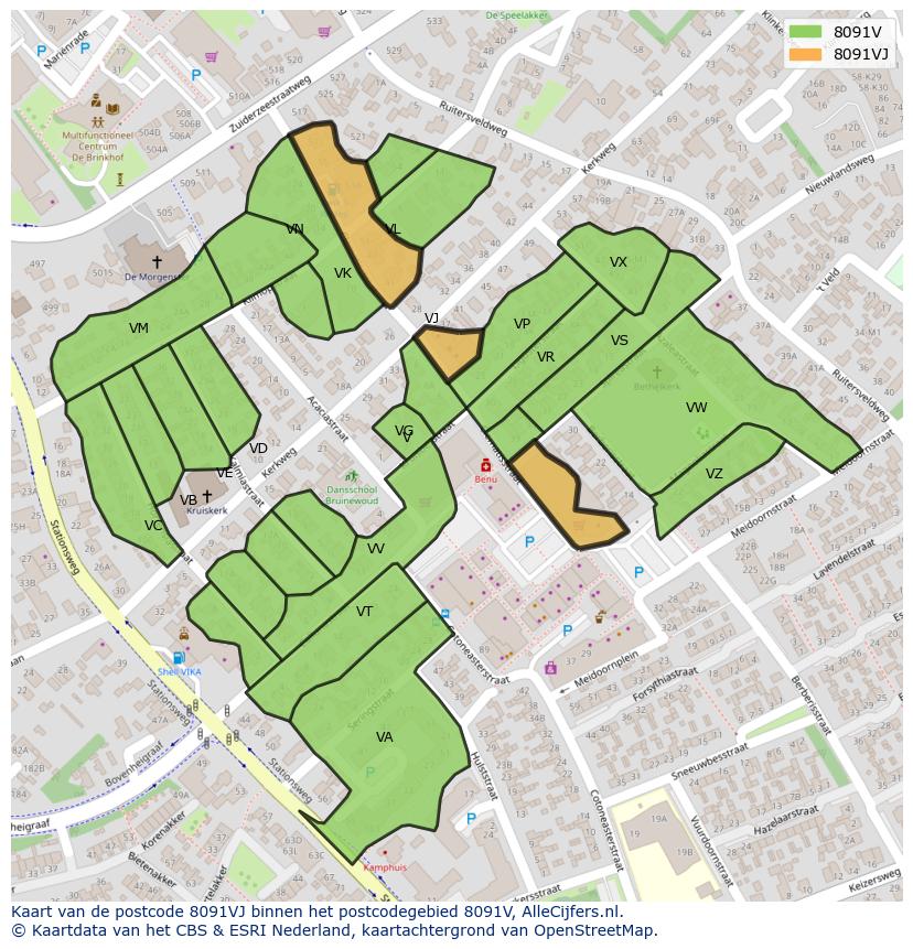 Afbeelding van het postcodegebied 8091 VJ op de kaart.