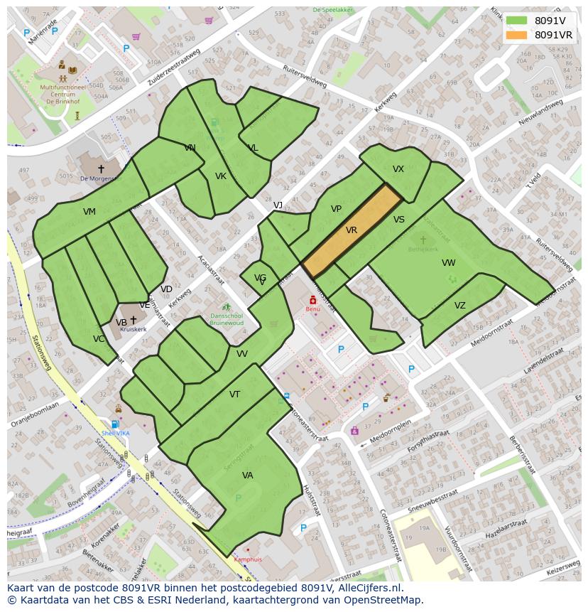 Afbeelding van het postcodegebied 8091 VR op de kaart.