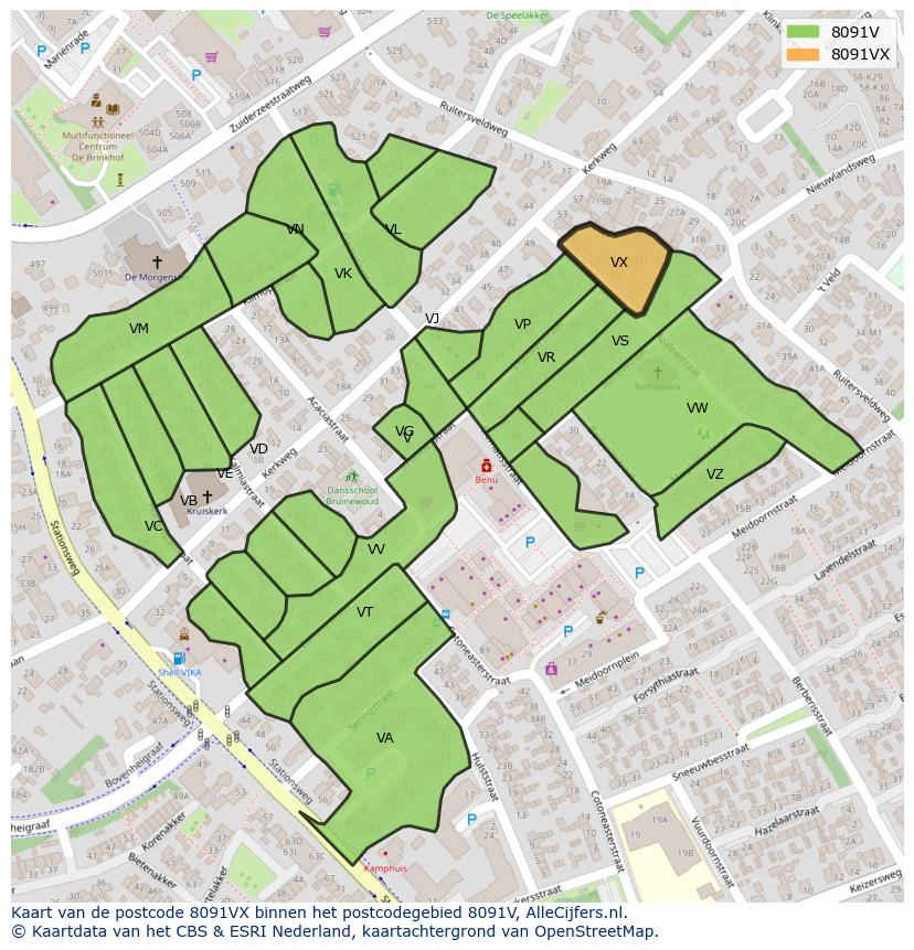 Afbeelding van het postcodegebied 8091 VX op de kaart.