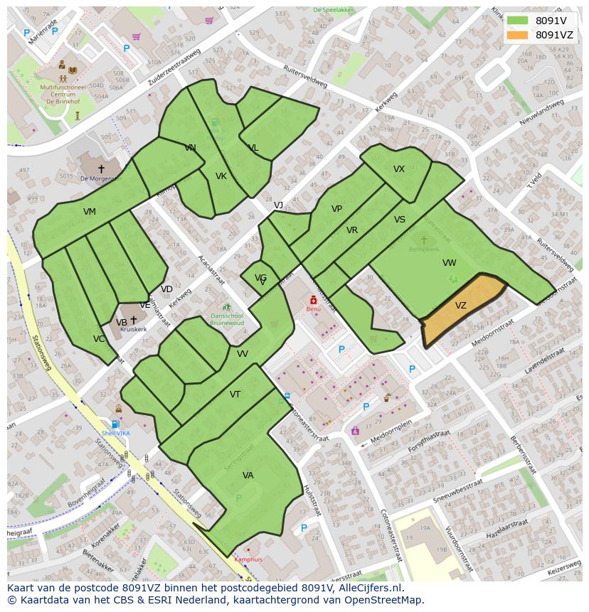 Afbeelding van het postcodegebied 8091 VZ op de kaart.