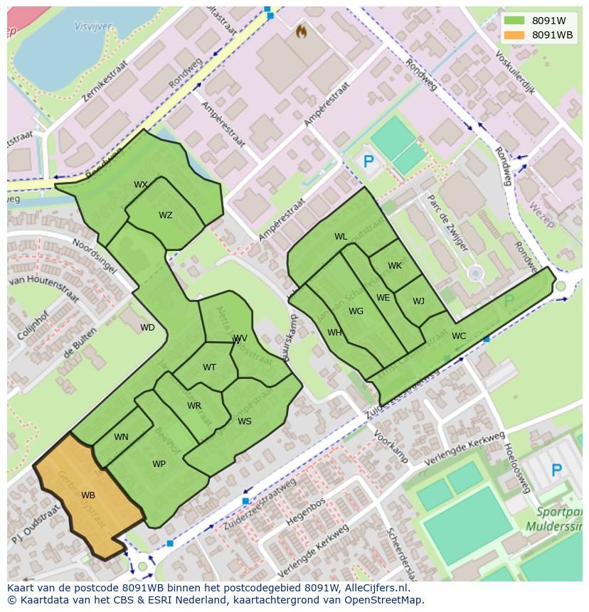 Afbeelding van het postcodegebied 8091 WB op de kaart.
