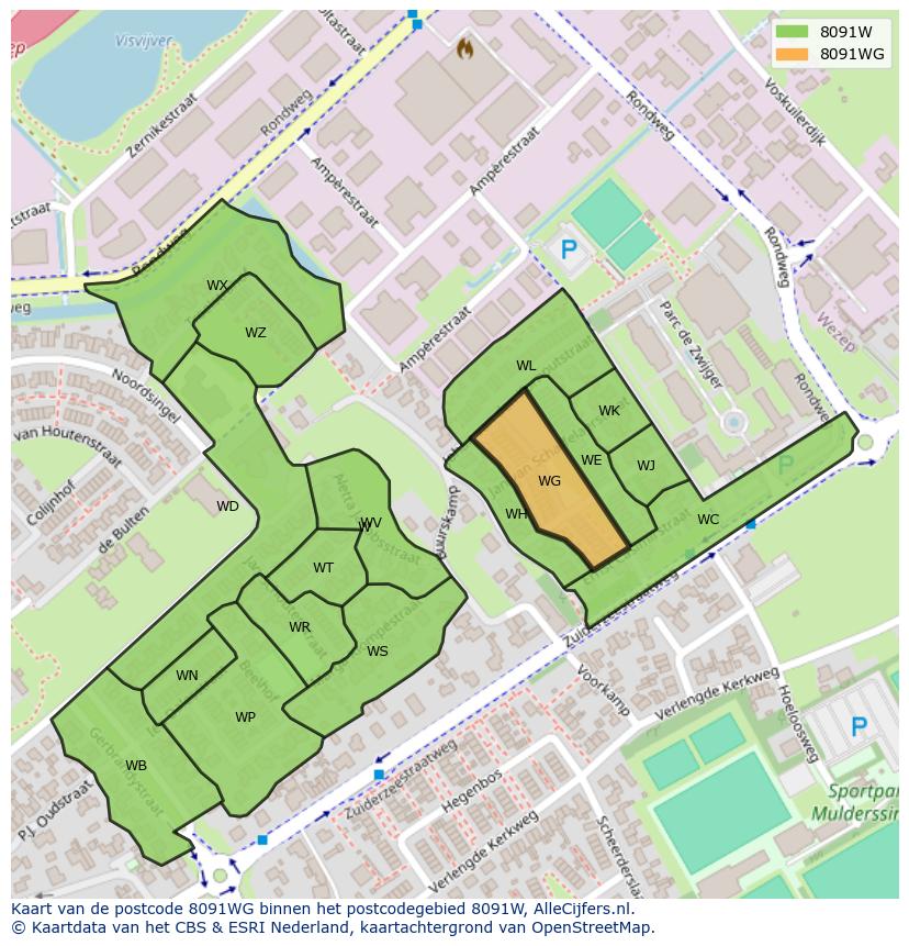 Afbeelding van het postcodegebied 8091 WG op de kaart.