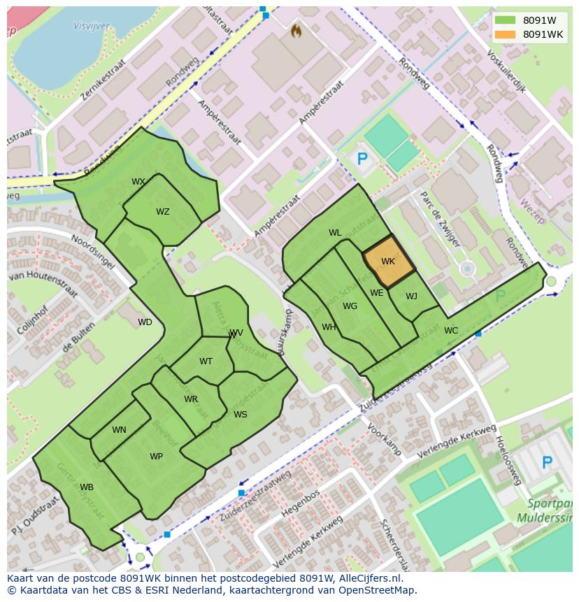 Afbeelding van het postcodegebied 8091 WK op de kaart.