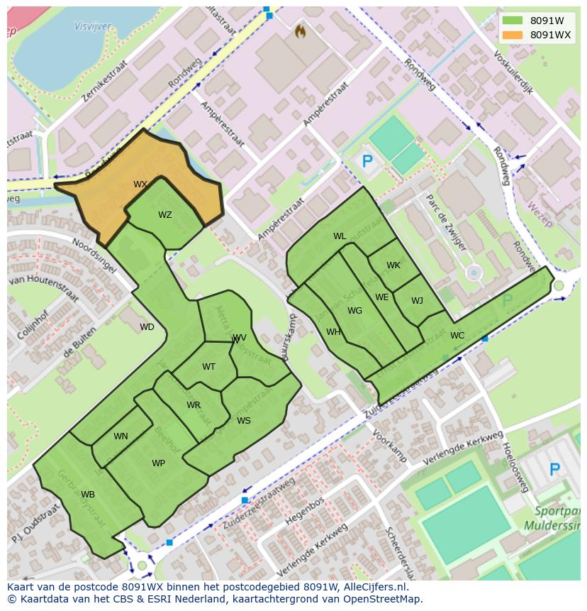 Afbeelding van het postcodegebied 8091 WX op de kaart.