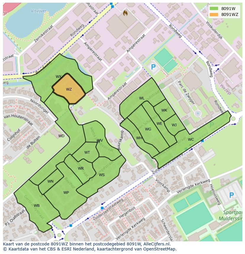 Afbeelding van het postcodegebied 8091 WZ op de kaart.