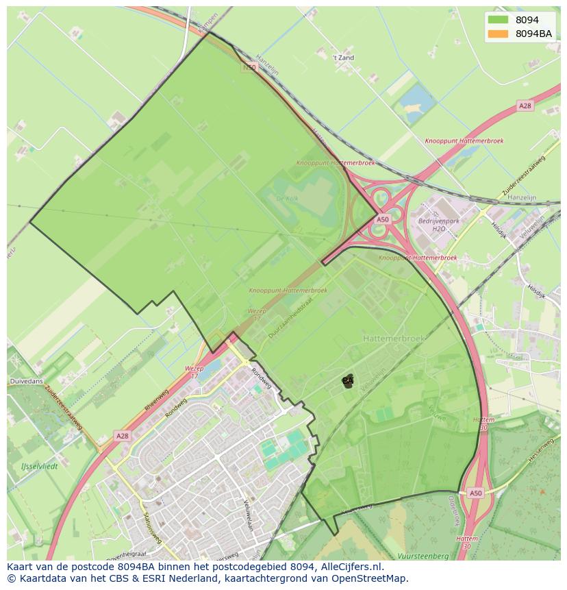 Afbeelding van het postcodegebied 8094 BA op de kaart.