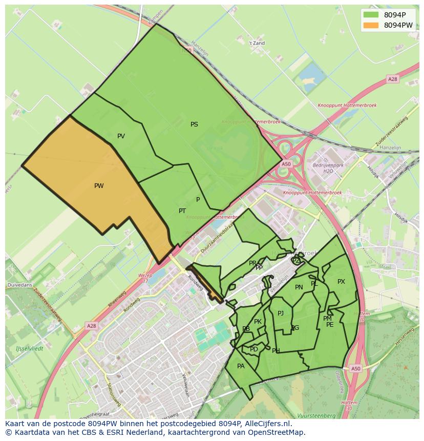 Afbeelding van het postcodegebied 8094 PW op de kaart.
