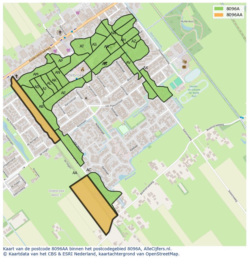 Afbeelding van het postcodegebied 8096 AA op de kaart.