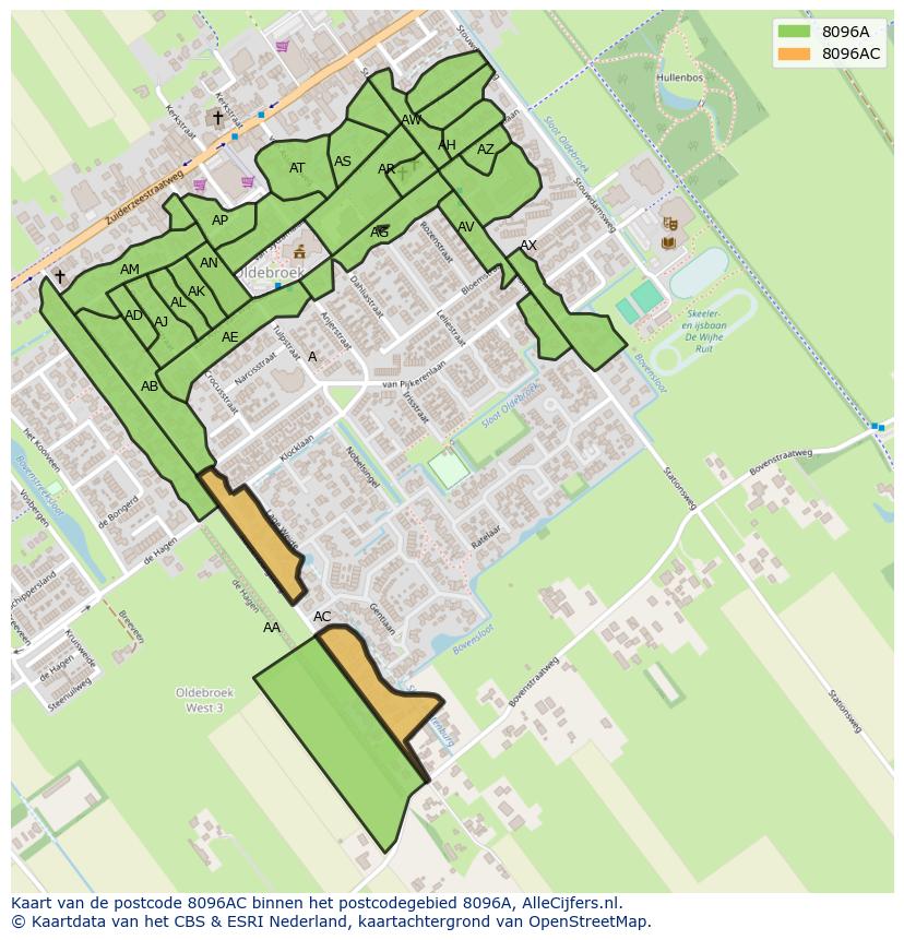 Afbeelding van het postcodegebied 8096 AC op de kaart.