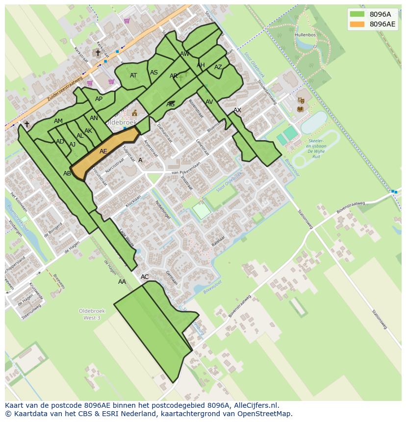 Afbeelding van het postcodegebied 8096 AE op de kaart.