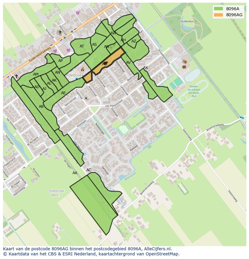 Afbeelding van het postcodegebied 8096 AG op de kaart.