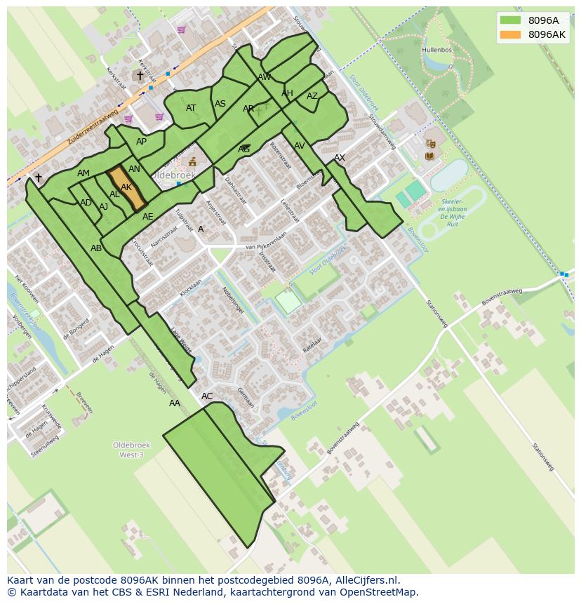 Afbeelding van het postcodegebied 8096 AK op de kaart.