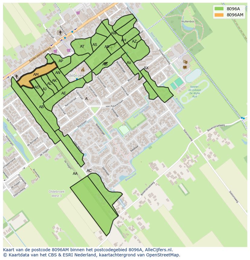 Afbeelding van het postcodegebied 8096 AM op de kaart.