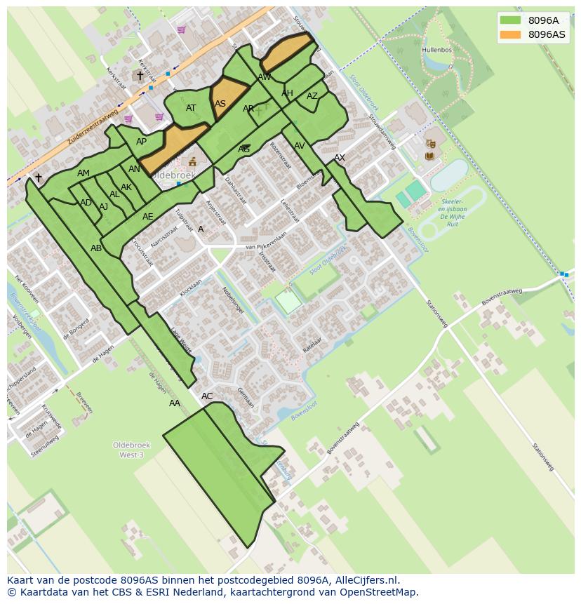 Afbeelding van het postcodegebied 8096 AS op de kaart.