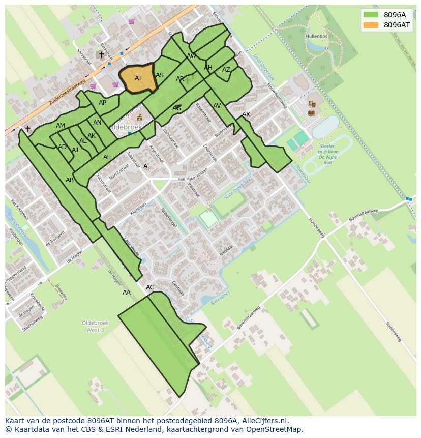 Afbeelding van het postcodegebied 8096 AT op de kaart.