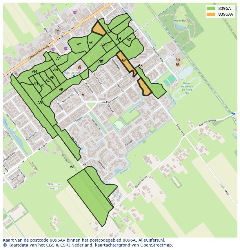 Afbeelding van het postcodegebied 8096 AV op de kaart.