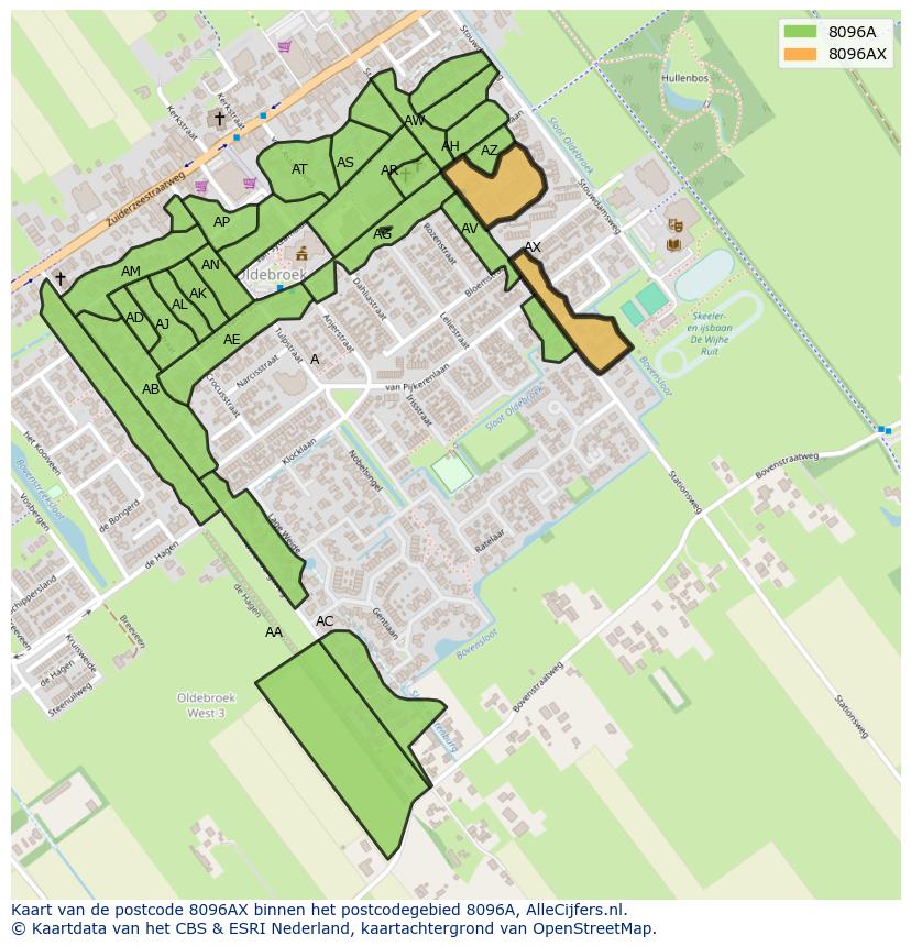 Afbeelding van het postcodegebied 8096 AX op de kaart.