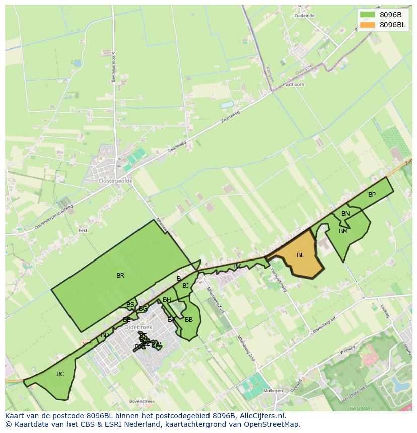 Afbeelding van het postcodegebied 8096 BL op de kaart.
