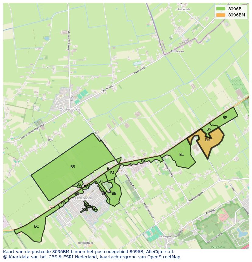 Afbeelding van het postcodegebied 8096 BM op de kaart.