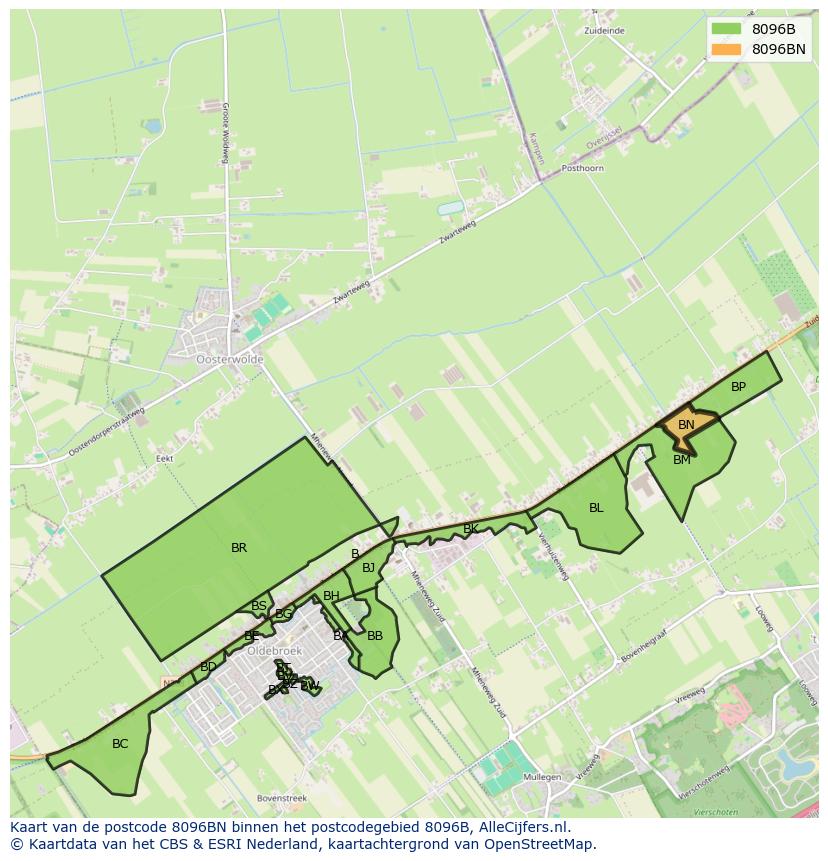 Afbeelding van het postcodegebied 8096 BN op de kaart.