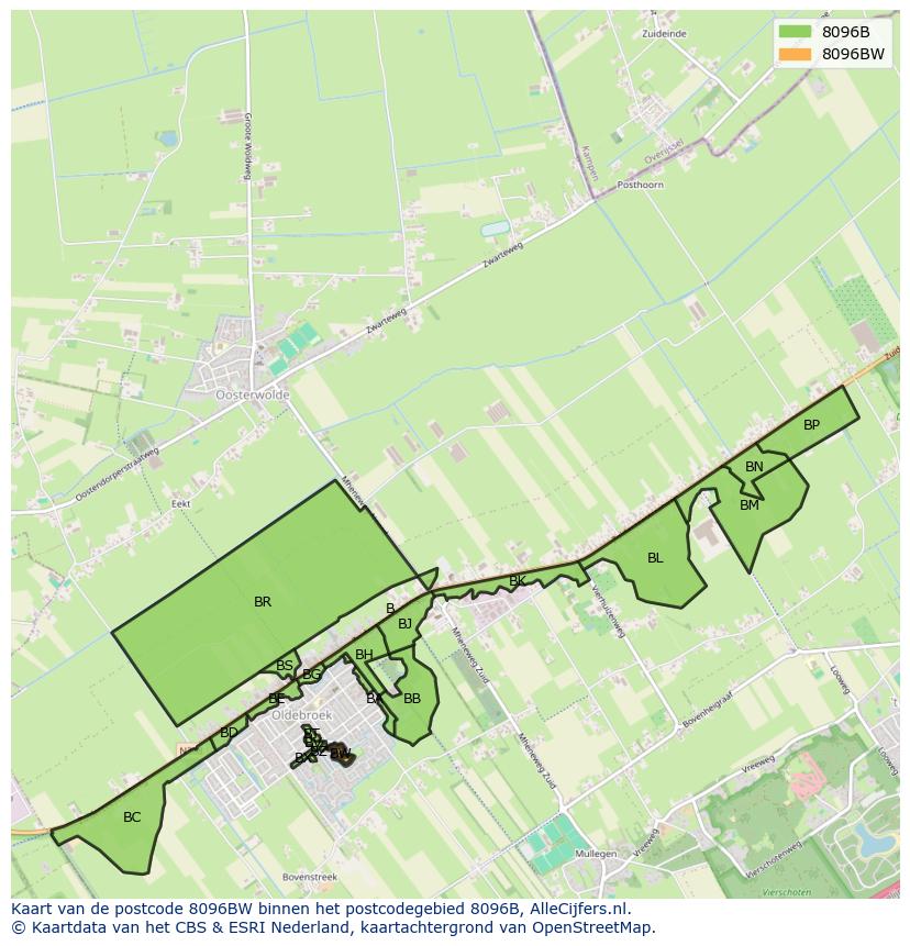 Afbeelding van het postcodegebied 8096 BW op de kaart.