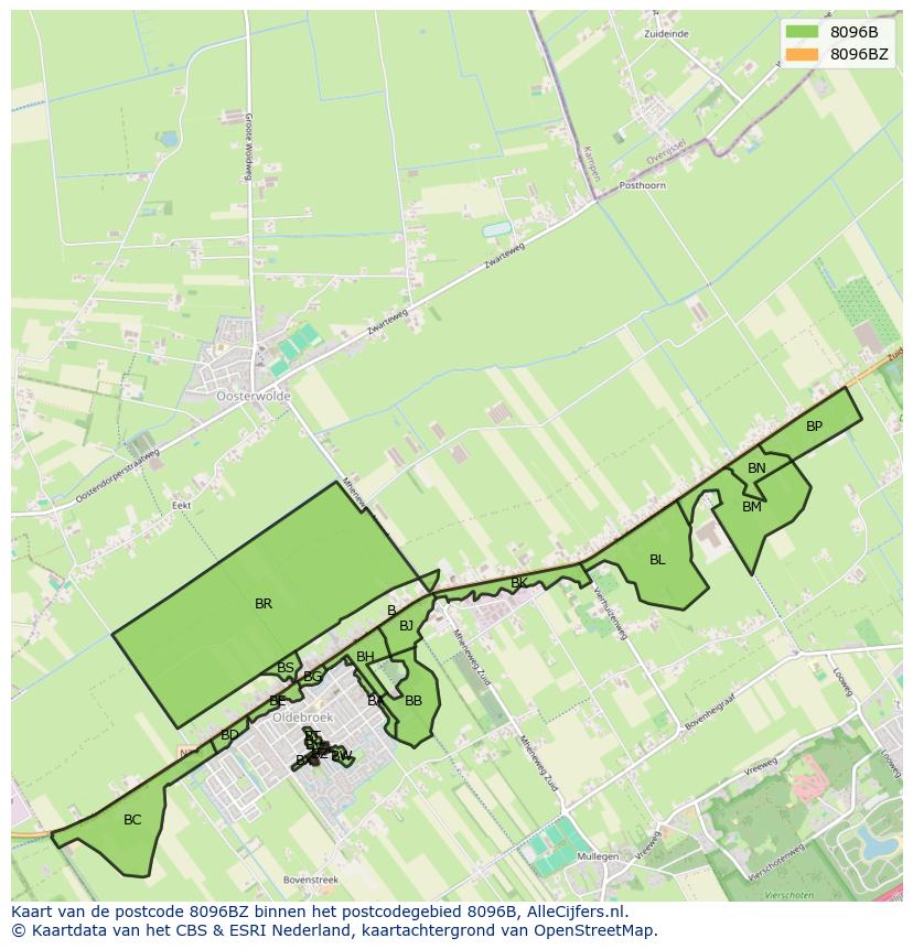Afbeelding van het postcodegebied 8096 BZ op de kaart.
