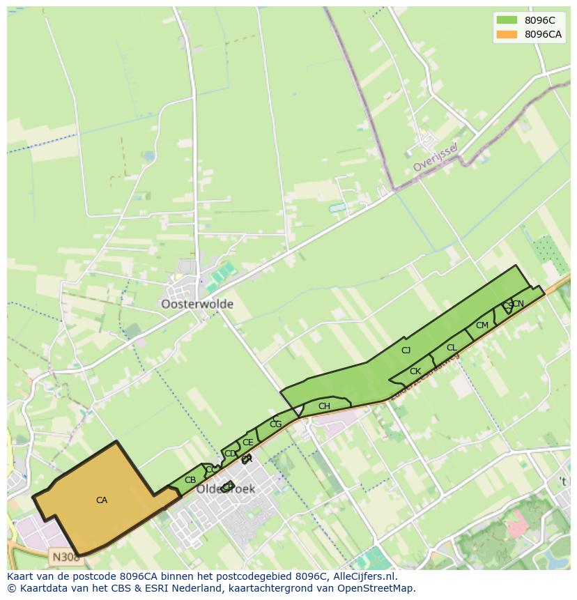 Afbeelding van het postcodegebied 8096 CA op de kaart.