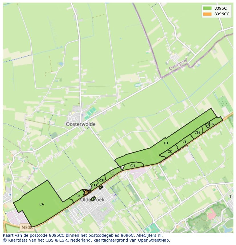 Afbeelding van het postcodegebied 8096 CC op de kaart.