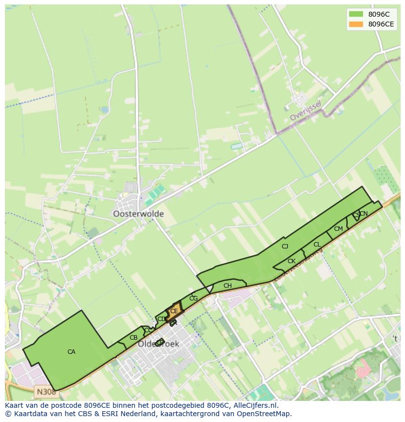 Afbeelding van het postcodegebied 8096 CE op de kaart.
