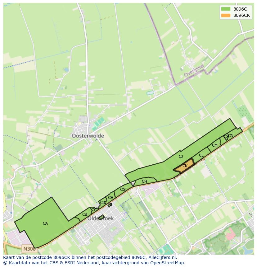 Afbeelding van het postcodegebied 8096 CK op de kaart.