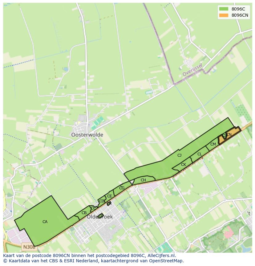 Afbeelding van het postcodegebied 8096 CN op de kaart.
