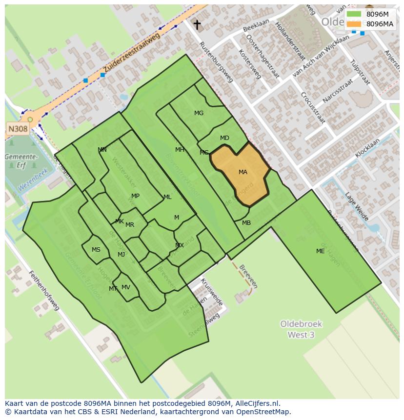 Afbeelding van het postcodegebied 8096 MA op de kaart.