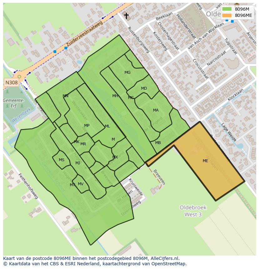 Afbeelding van het postcodegebied 8096 ME op de kaart.
