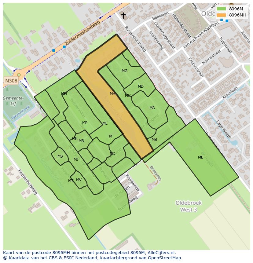 Afbeelding van het postcodegebied 8096 MH op de kaart.