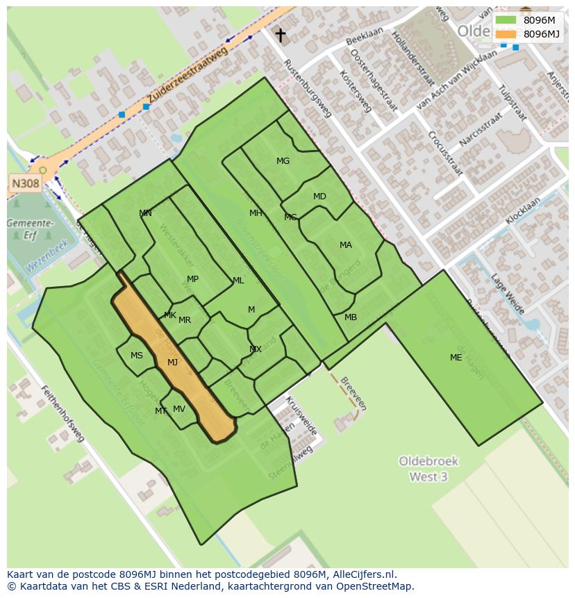 Afbeelding van het postcodegebied 8096 MJ op de kaart.
