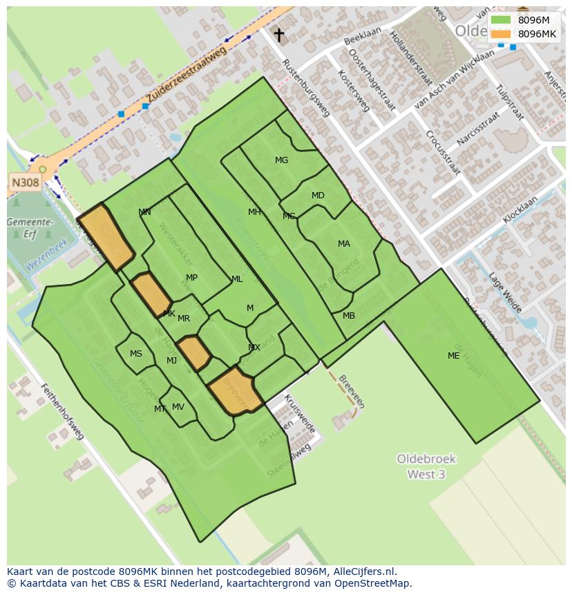 Afbeelding van het postcodegebied 8096 MK op de kaart.
