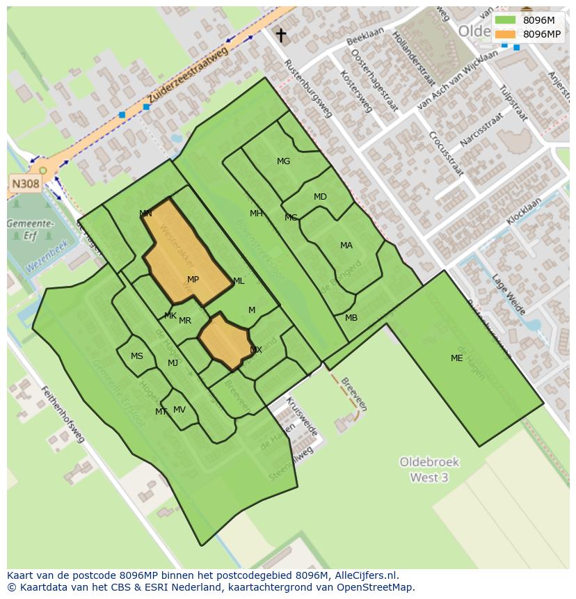 Afbeelding van het postcodegebied 8096 MP op de kaart.