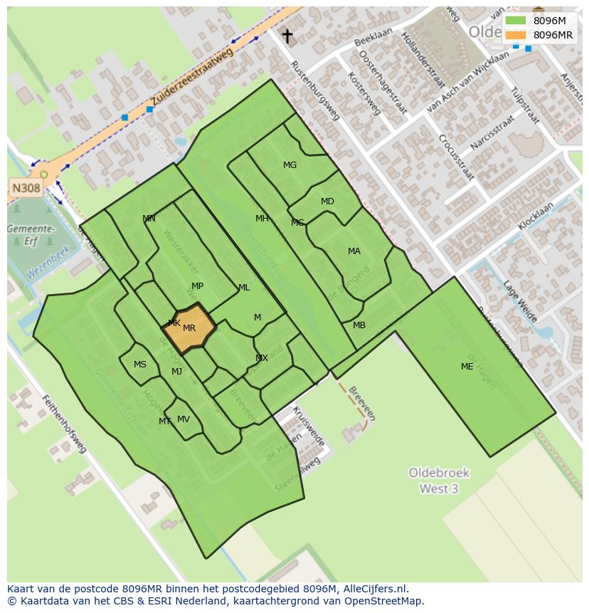Afbeelding van het postcodegebied 8096 MR op de kaart.