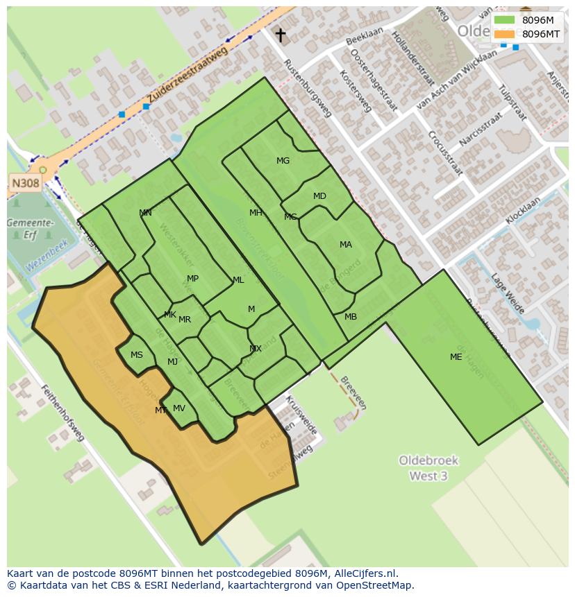 Afbeelding van het postcodegebied 8096 MT op de kaart.