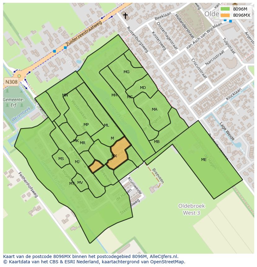 Afbeelding van het postcodegebied 8096 MX op de kaart.