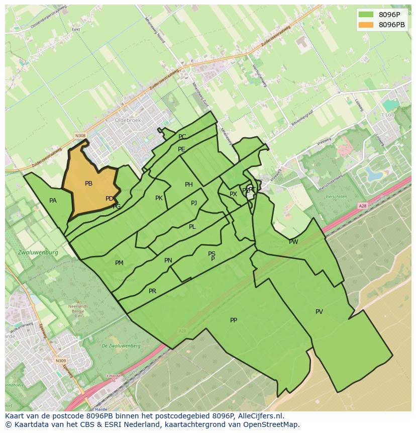 Afbeelding van het postcodegebied 8096 PB op de kaart.