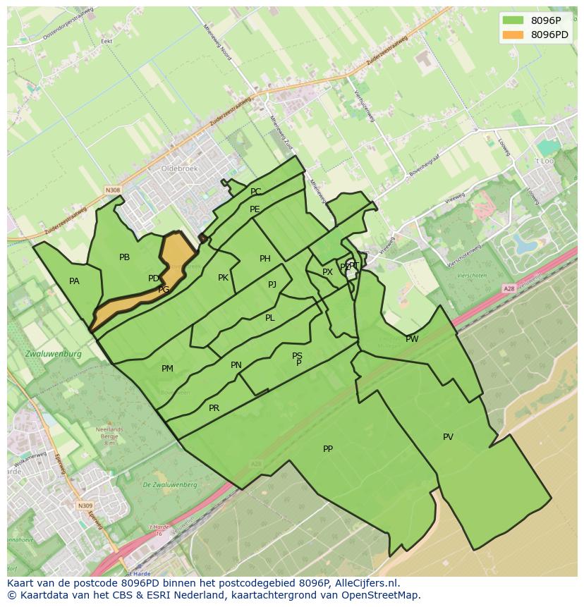 Afbeelding van het postcodegebied 8096 PD op de kaart.