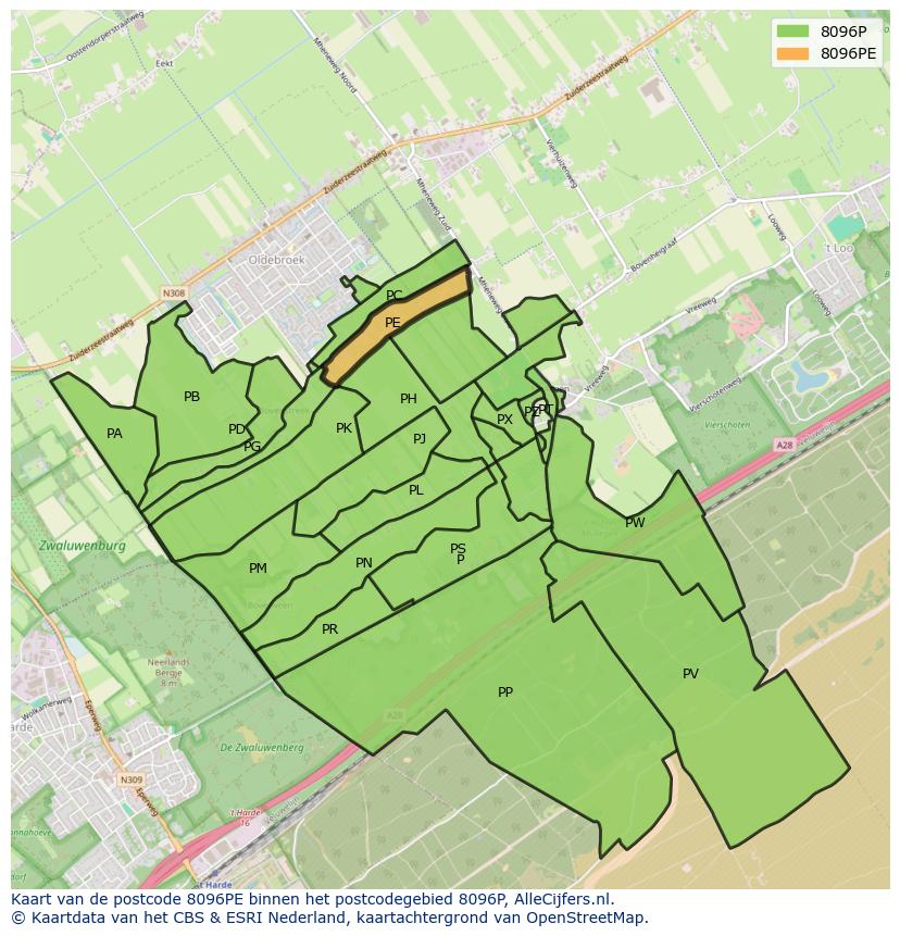 Afbeelding van het postcodegebied 8096 PE op de kaart.