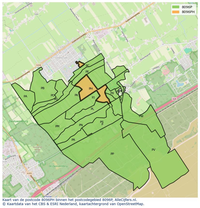 Afbeelding van het postcodegebied 8096 PH op de kaart.