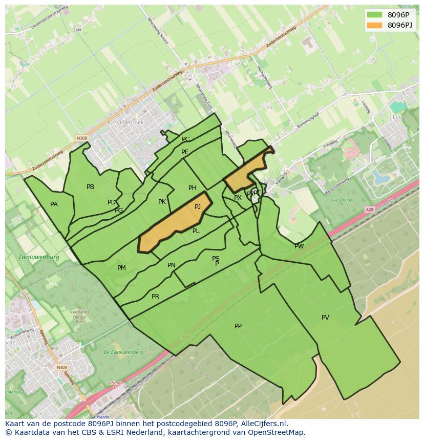 Afbeelding van het postcodegebied 8096 PJ op de kaart.