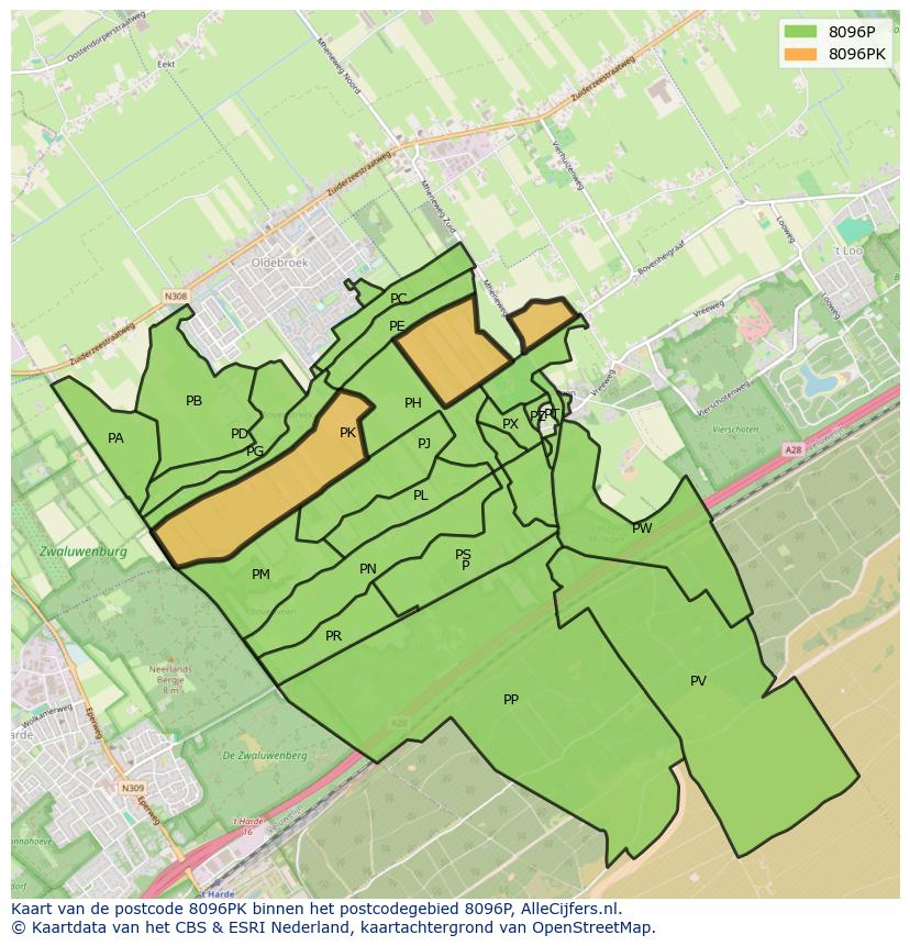 Afbeelding van het postcodegebied 8096 PK op de kaart.